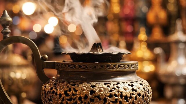 Traditional brass incense burner with aromatic oud wood smoke rising in an ornate shop setting with golden bokeh lights in the background