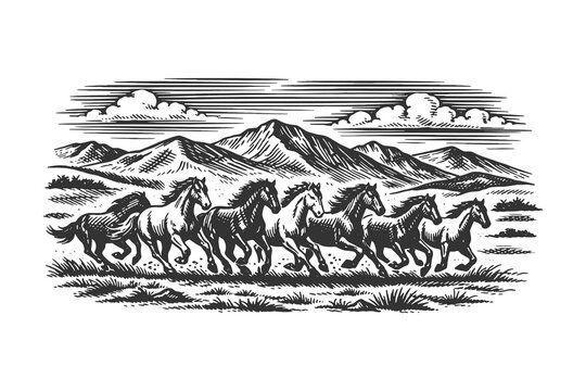 Herd of wild horses running across mountain plains in vintage engraving line art style vector illustration for western posters, prints and apparel