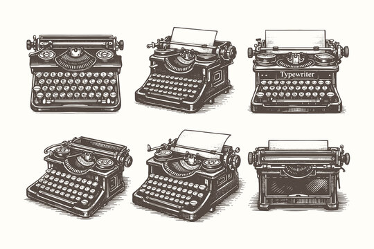Collection of vintage typewriters in detailed engraving line art style vector illustration set for retro posters, editorial design, logos and apparel prints