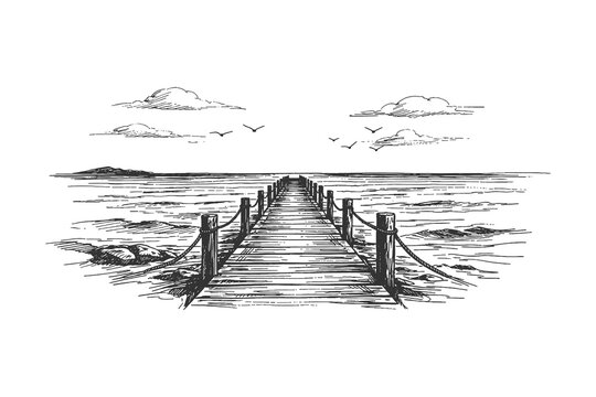 Perspective view of a wooden pier over calm ocean water vector illustration in vintage hand drawn style with birds flying over the horizon line.