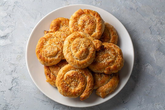 Traditional delicious Turkish phyllo stuffed with Potatoes  (Turkish name; Gul borek or gul boregi) Rose shaped pastry.