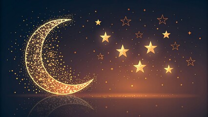 Naklejka premium Modern digital illustration of a glowing crescent moon formed by golden orange particles with scattered stars against a dark gradient background. Ethereal cosmic art perfect for Ramadan or night theme