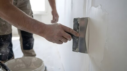 A person applying plaster to a wall with a trowel; the worker is covered in plaster dust.