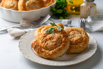 Traditional delicious Turkish phyllo stuffed with Potatoes  (Turkish name; Gul borek or gul boregi) Rose shaped pastry.