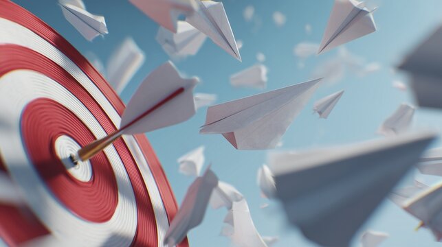 Bullseye target hit by paper airplane with many paper airplane in flight symbolizing email marketing campaign targeting and deliverability.