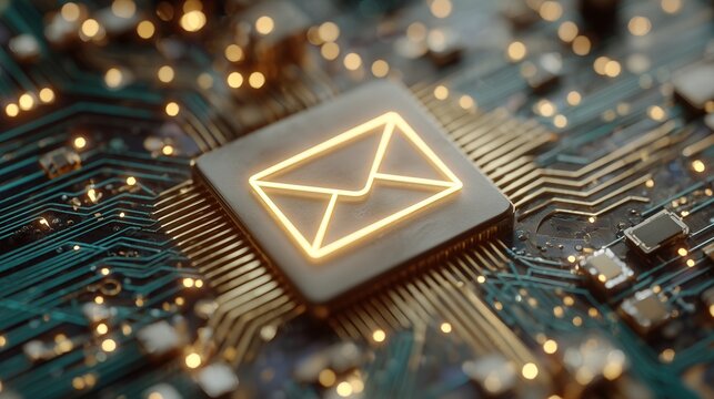 Glowing envelope icon on a microchip, representing email marketing automation, digital campaign delivery and data-driven message targeting.
