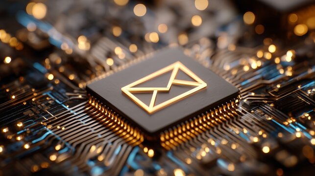 Golden envelope icon on a microchip representing email marketing automation and digital campaign delivery.