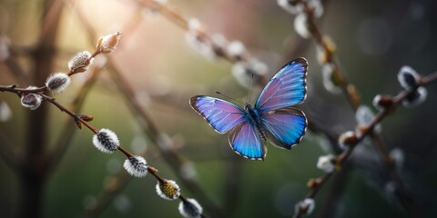 Close-up of a stunning blue and purple butterfly surrounded by soft light and pussy willow buds
