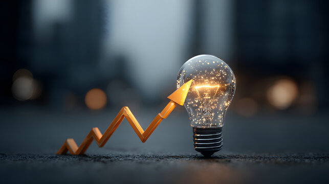 Glowing light bulb sits in front of a chart with an arrow trending upward, symbolizing innovation and success for business growth