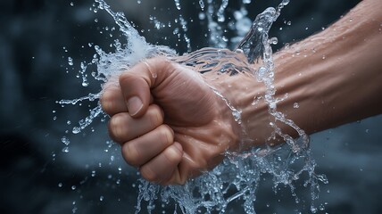 Male Fist through the Blue Water and splashing drops on a white