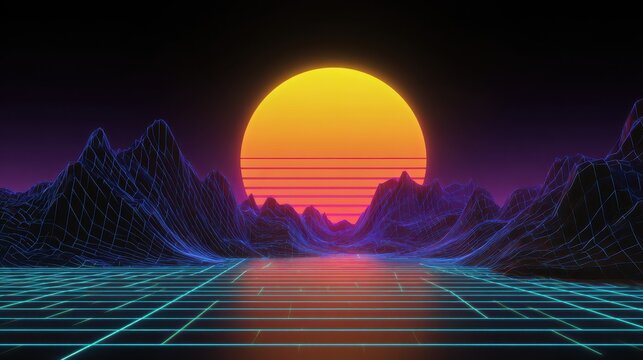 Retro 80s synthwave landscape with wireframe mountains and glowing sun over a neon grid floor