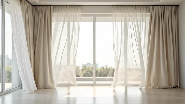 Soft light sheer curtains fluttering in a gentle breeze. Bright minimalist interior with wooden floor and balcony view. Clean morning sunlight scene