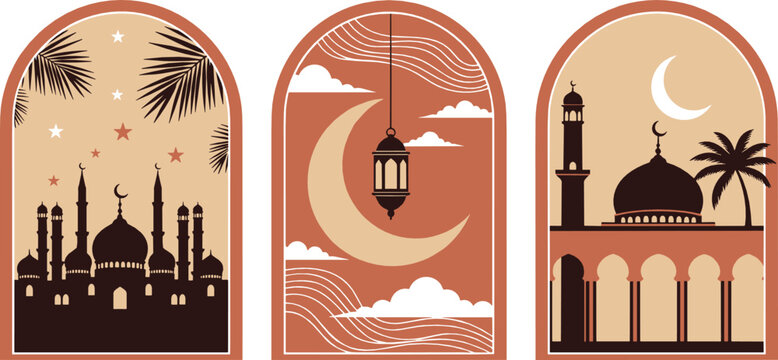 Islamic Ramadan vector set with mosque silhouettes, crescent moon, lanterns, palm trees, and elegant Middle Eastern night scene illustrations