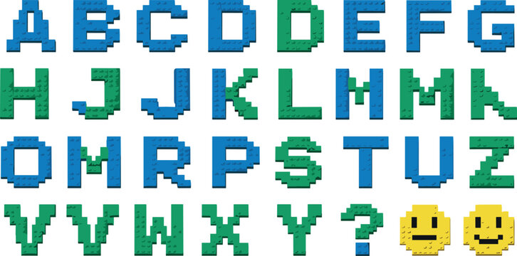 Pixel alphabet vector set with blocky A to Z letters, retro 8 bit typography, gaming style font, and colorful digital text characters