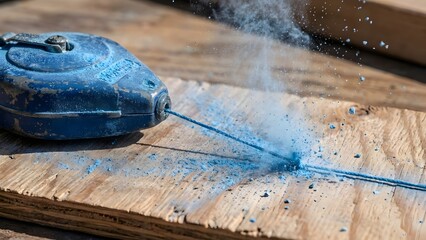 A close-up of a chalk line tool with blue casing snapping a chalk line on a wooden surface