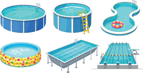 Collection of six different swimming pools with ladders and accessories on white background Keywords: swimming pool, water © Shakila