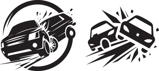 set of black silhouette car crash icons 
