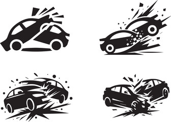 set of black silhouette car crash icons 