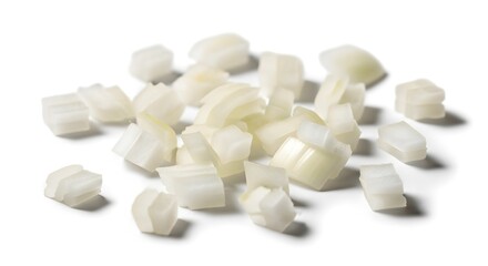 Diced white onion pieces isolated on pure white background