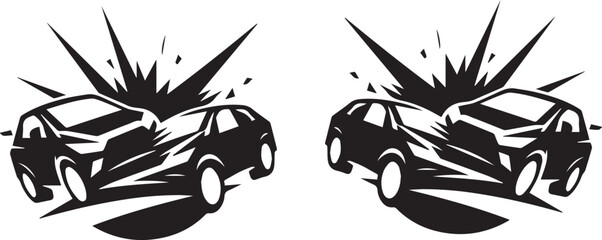 set of black silhouette car crash icons 