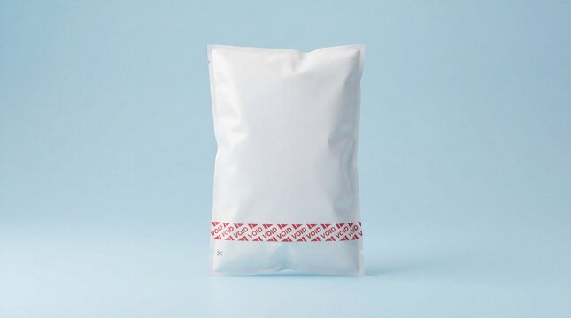 Blank white package with void stamp on light blue background