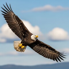 Fototapeta premium Majestic Bald Eagle Soaring Through the Sky with Open Wings.