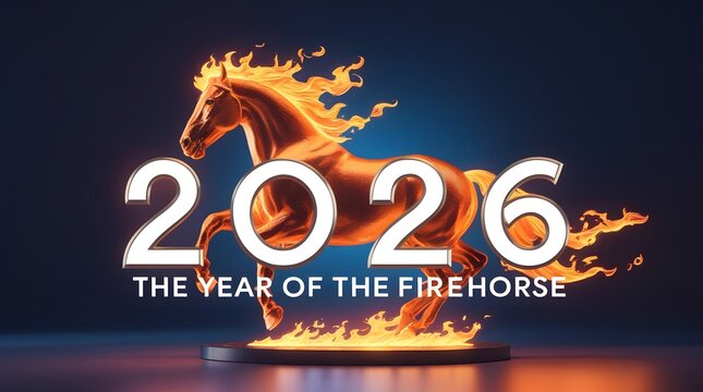 Metallic Text "2026 The Year of the Firehorse" with Silver and Gold Accents and a Fiery Steed