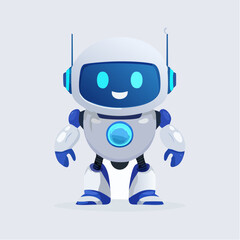 Friendly vector robot mascot, clean geometric shapes, blue tech accents, modern branding style