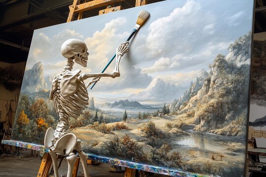 Skeleton creating art with a large paintbrush in a mountain landscape scene