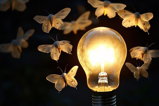Mesmerizing dance of moths around a glowing light bulb in twilight