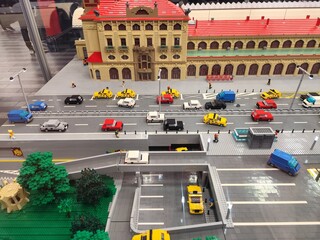 Naklejka premium Lego city railway station house in Praha. Czech Republic, Prague - October 31, 2025