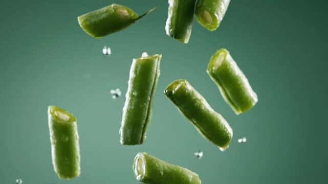 Vibrant green bean segments falling in slow motion with glistening moisture, macro studio food art.