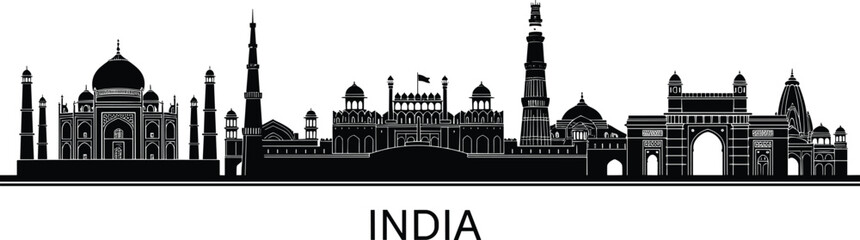 Fototapeta premium India landmark skyline silhouette featuring Taj Mahal and historic monuments, iconic national architecture panorama isolated on white background vector illustration
