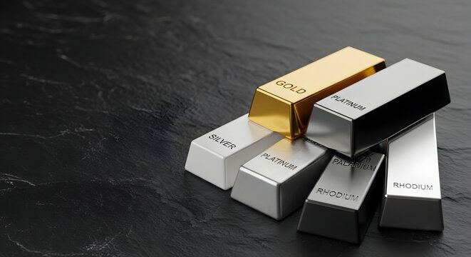 Precious Metals Investment. Stack of gold, silver, platinum, palladium, and rhodium ingots on dark black slate stone background, financial market economy and wealth assets concept.