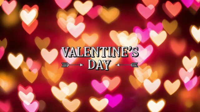 valentine's day lettering with arrow ornaments over blurred heart bokeh lights, romantic celebration greeting backdrop in red pink gold tones, february 14 love message card layout