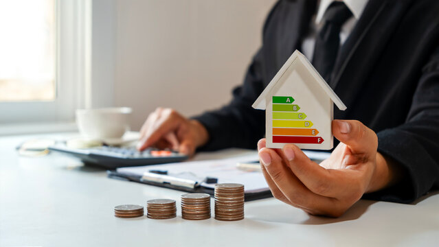 Businessman holding a house model with an energy efficiency rating and money coins.Concept of energy saving and financial investment for sustainable housing.