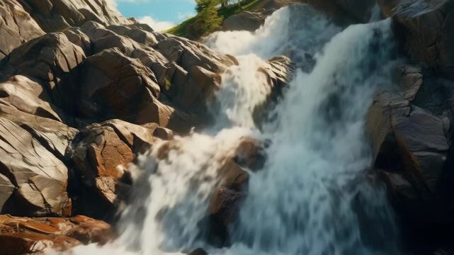 A powerful waterfall in a mountainous region, with water rushing downwards between large boulders and rocks.