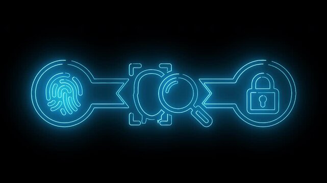 Neon blue line art of a fingerprint, magnifying glass, and lock on a black background with a white border.