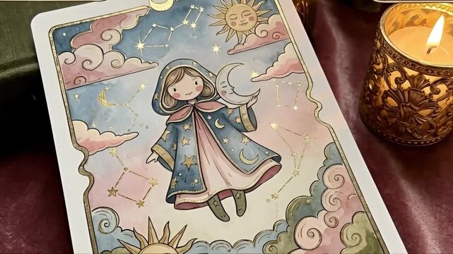 Fantasy style fairy tale illustration.
A little girl character wearing a cloak with stars and moon patterns, holding a crescent moon.
Surrounded by constellations.
Cute sun and moon faces.