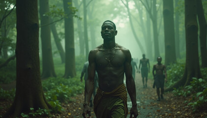 Group of men walking through misty forest with tall trees and greenery. Scenic atmosphere includes fog and calm nature surrounding group of individuals.
