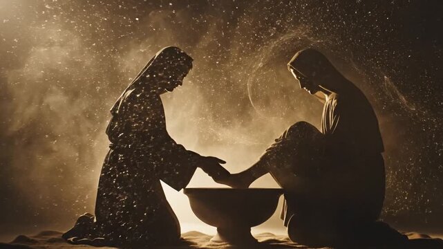 Maundy Thursday activity, washing feet silhouettes spiritual moment faith.