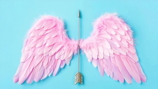 Cupid arrow with large pink feather wings on pastel blue background, soft romantic composition in minimal style, Valentine&rsquo;s Day symbol of love, tenderness and dreamy emotional atmosphere
