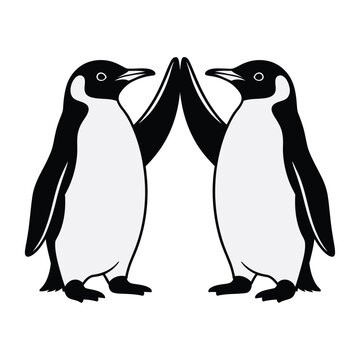 Two adorable emperor penguins face each other playfully raising their flippers in a celebratory high five gesture against a white background high-quality.