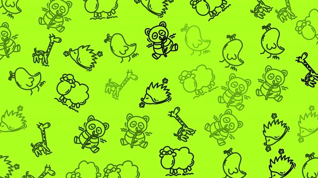 Plain geometric yellow patterns complement adorable doodles of pandas, giraffes, sheep, and hedgehogs. Perfect for childrens products or backgrounds.