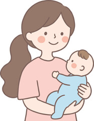 Mother holding baby illustration, parenting and childcare concept, loving family moment, cute cartoon mother and infant vector design