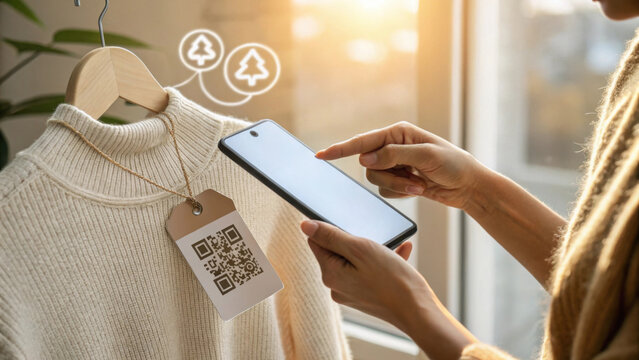 Person scans QR code on clothing tag with smartphone, showcasing digital product experience in bright indoor setting