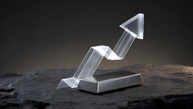 Palladium bullion bar with glowing upward arrow on dark rocky surface, representing rising precious metal prices, investment growth, and financial market trends