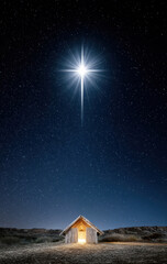 Fototapeta premium Bright radiant star shines down on a small manger hut under a starry night sky