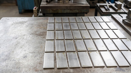 Metal plates arranged neatly on a metal workbench in a metallurgy workshop at a factory