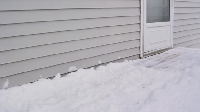 Clearing fresh snow from a residential house deck with a pusher snow shovel. Seasonal home maintenance activity.

